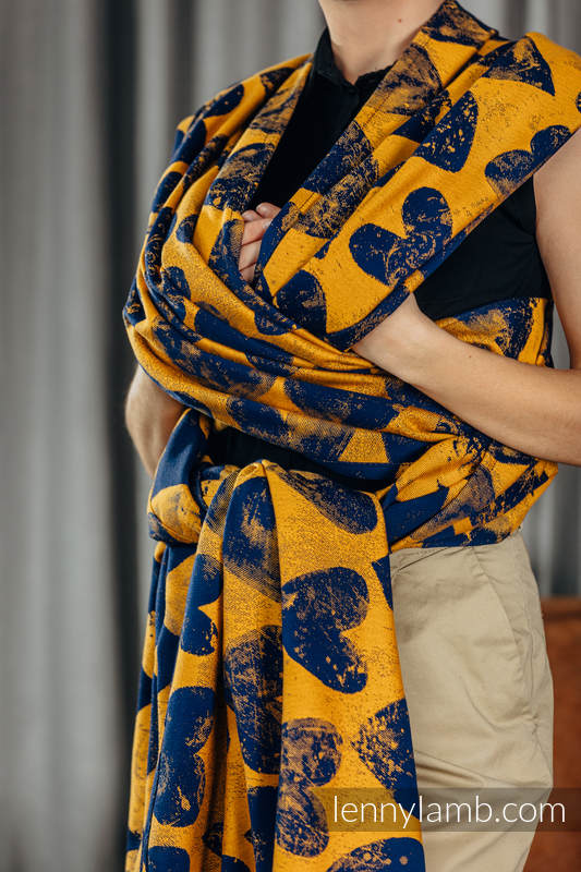Żakardowa chusta do noszenia dzieci, bawełna - LOVKA MUSZTARDA Z GRANATEM - rozmiar XL #babywearing
