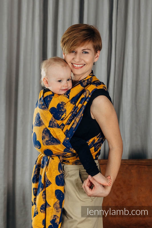 Baby Wrap, Jacquard Weave (100% cotton) - LOVKA MUSTARD & NAVY BLUE - size M #babywearing
