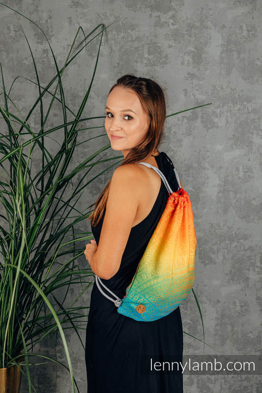 Sackpack made of wrap fabric (100% cotton) - RAINBOW PEACOCK’S TAIL - standard size 32cmx43cm #babywearing