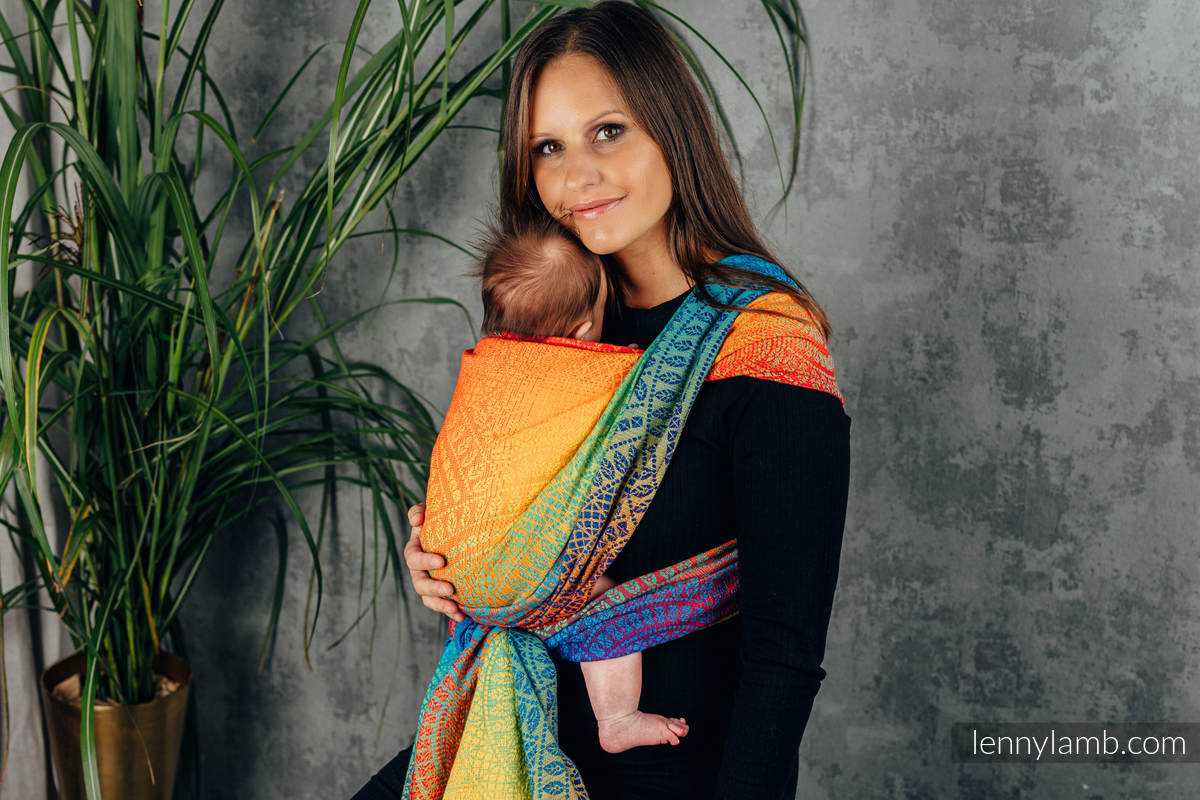 Żakardowa chusta do noszenia dzieci, bawełna - TĘCZOWY PAWI OGON - rozmiar XS #babywearing