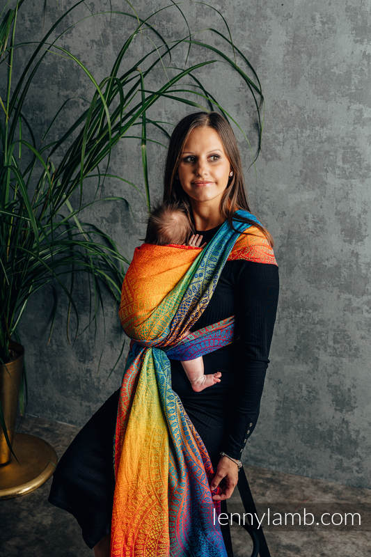 Żakardowa chusta do noszenia dzieci, bawełna - TĘCZOWY PAWI OGON - rozmiar XS #babywearing