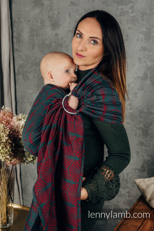 Ringsling, Jacquard Weave (100% cotton), with gathered shoulder - DECO - MAROON MOSS - standard 1.8m #babywearing
