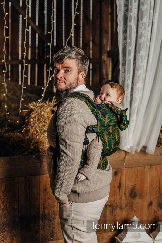 LennyGo Ergonomic Carrier, Baby Size, jacquard weave (75% cotton, 21% merino wool, 4% cashmere) - DECO - GOLDEN MOSS #babywearing