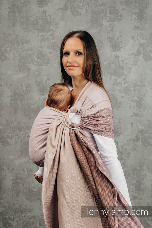 Moja pierwsza chusta kółkowa do noszenia dzieci, tkana splotem jodełkowym, bawełna, ramię bez zakładek - MAŁA JODEŁKA BABY PINK - standard 1.8m (drugi gatunek) #babywearing