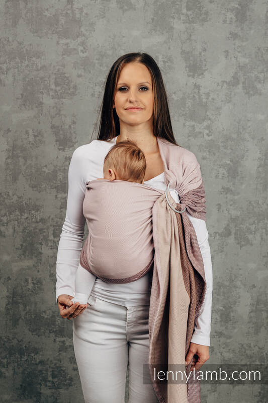 Moja pierwsza chusta kółkowa do noszenia dzieci, tkana splotem jodełkowym, bawełna, ramię bez zakładek - MAŁA JODEŁKA BABY PINK - standard 1.8m #babywearing