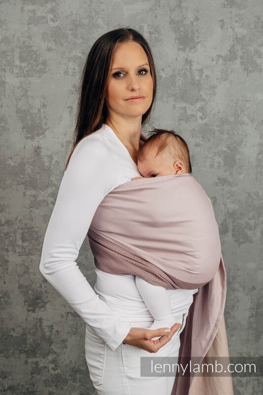 Moja pierwsza chusta kółkowa do noszenia dzieci, tkana splotem jodełkowym, bawełna, ramię bez zakładek - MAŁA JODEŁKA BABY PINK - standard 1.8m (drugi gatunek) #babywearing