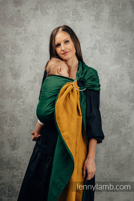 Ringsling, Jacquard Weave (100% cotton), with gathered shoulder - TWO FACES - GOLD & BOTTLE GREEN- standard 1.8m (grade B) #babywearing