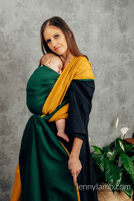 Baby Wrap, Jacquard Weave (100% cotton) - TWO FACES - GOLD & BOTTLE GREEN - size XS #babywearing
