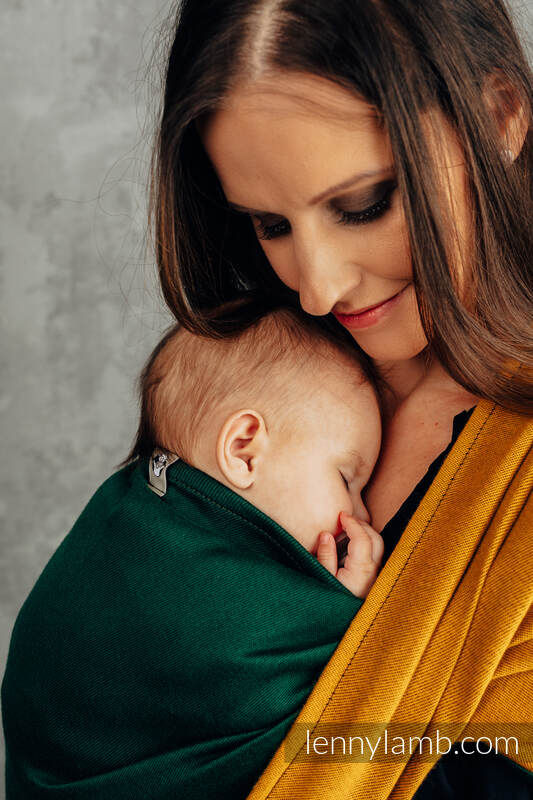 Écharpe, jacquard (100% coton) - TWO FACES - GOLD & BOTTLE GREEN - taille XS #babywearing