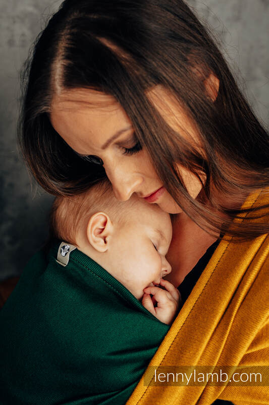 Żakardowa chusta do noszenia dzieci, bawełna - TWO FACES - GOLD & BOTTLE GREEN - rozmiar XL (drugi gatunek) #babywearing