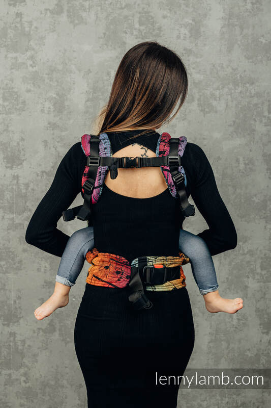 Nosidełko Ergonomiczne LennyGo z tkaniny żakardowej 100% bawełna , rozmiar Toddler - SYMFONIA TĘCZOWA DARK (drugi gatunek) #babywearing