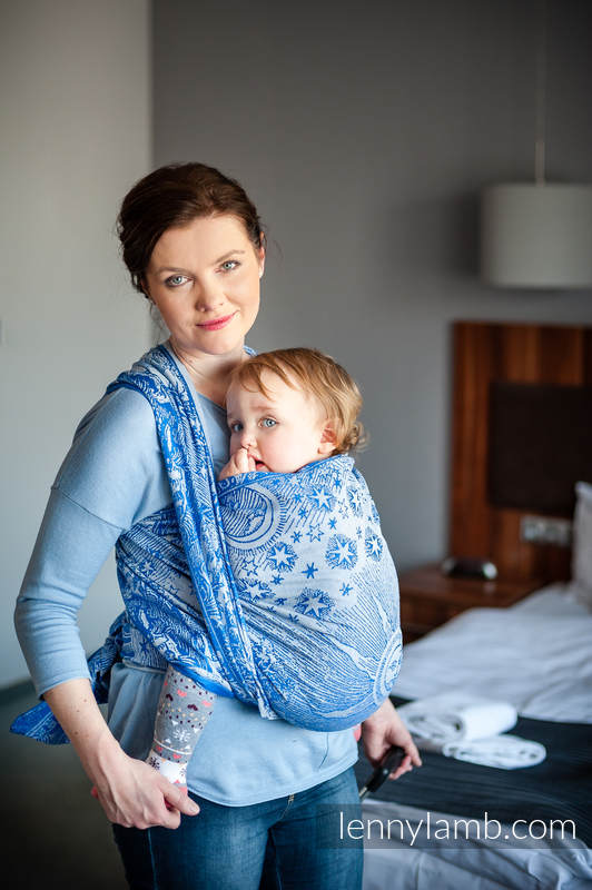 Żakardowa chusta do noszenia dzieci, bawełna - Na Krańcu Świata Niebieski z Bielą - rozmiar XS #babywearing