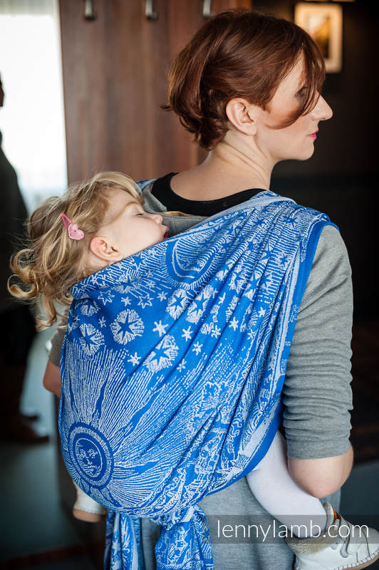 Żakardowa chusta do noszenia dzieci, bawełna - Na Krańcu Świata Niebieski z Bielą - rozmiar M #babywearing
