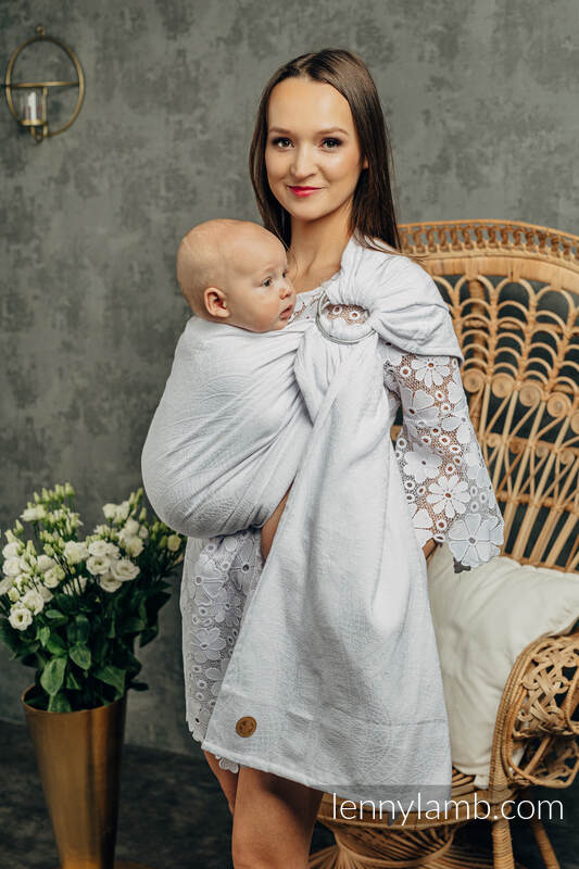 Chusta kółkowa, splot żakardowy, ramię bez zakładek (100% bawełna) - PAWI OGON - BLANCO - standard 1.8m #babywearing