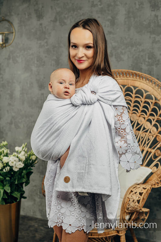 Chusta kółkowa, splot żakardowy, ramię bez zakładek (100% bawełna) - PAWI OGON - BLANCO - standard 1.8m #babywearing