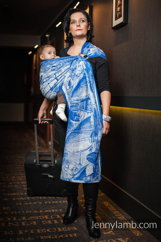 Żakardowa chusta kółkowa do noszenia dzieci, bawełna - Galeony Niebieski z Bielą - long 2.1m #babywearing