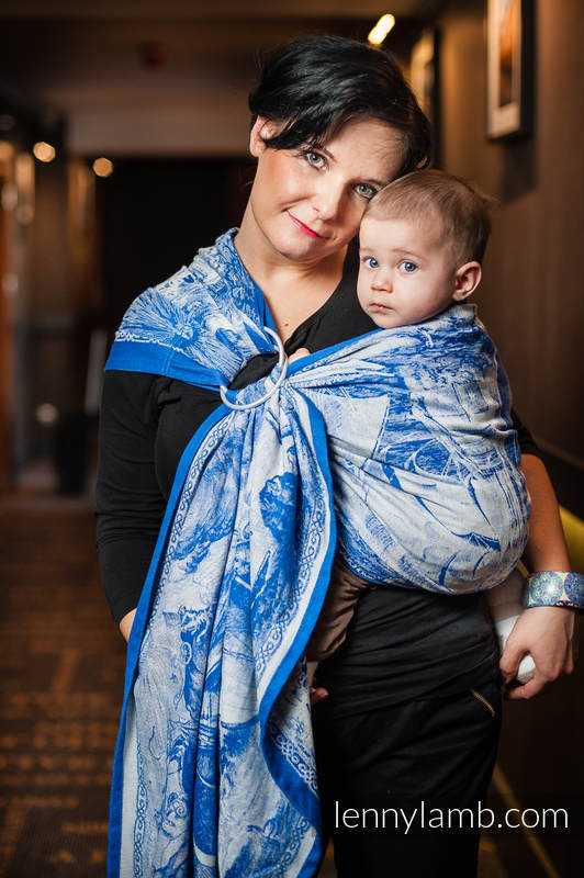 Żakardowa chusta kółkowa do noszenia dzieci, bawełna - Galeony Niebieski z Bielą - long 2.1m #babywearing