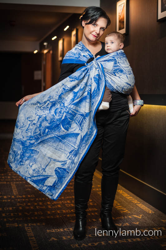 Żakardowa chusta kółkowa do noszenia dzieci, bawełna - Galeony Niebieski z Bielą - long 2.1m #babywearing