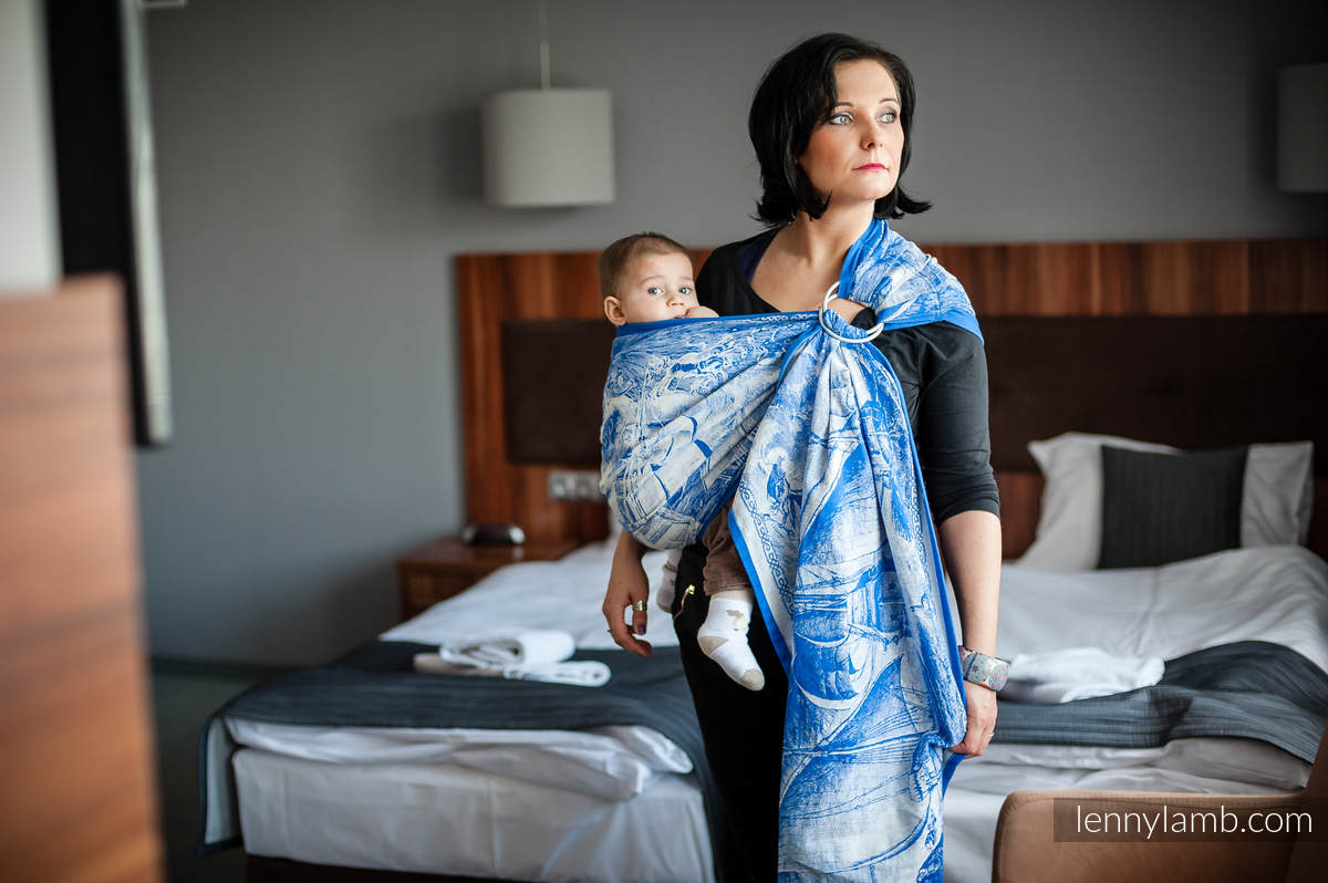 Żakardowa chusta kółkowa do noszenia dzieci, bawełna - Galeony Niebieski z Bielą - long 2.1m #babywearing