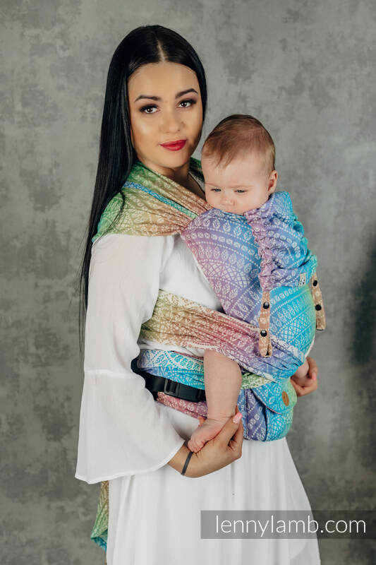 Mochila LennyHybrid Half Buckle, talla estándar, tejido jaqurad 100% algodón - PEACOCK’S TAIL - BUBBLE  #babywearing