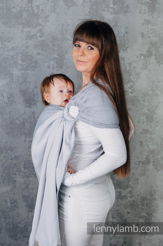 Chusta kółkowa do noszenia dzieci, tkana splotem jodełkowym, bawełna, ramię bez zakładek - MAŁA JODEŁKA SZARA - standard 1.8m (drugi gatunek) #babywearing