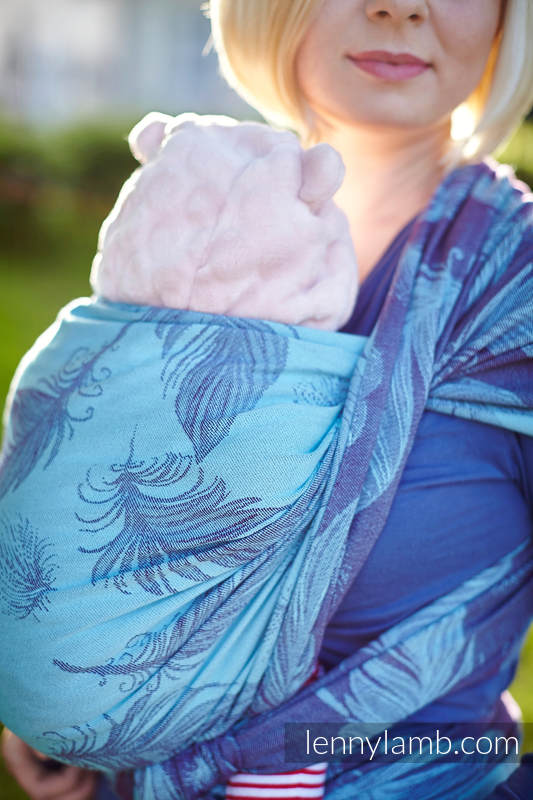 Baby Wrap, Jacquard Weave (100% cotton) - Feathers Turquoise & Purple - size XS #babywearing