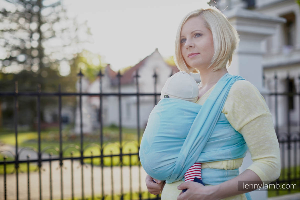 Baby Wrap, Jacquard Weave (100% cotton) - Feathers Turquoise & White - size S #babywearing