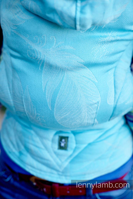 Nosidełko Ergonomiczne z tkaniny żakardowej 100% bawełna , Baby Size, PIÓRA TURKUS Z BIAŁYM #babywearing