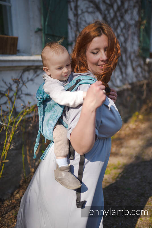 Nosidło Klamrowe ONBUHIMO  z tkaniny żakardowej (45% Len, 35% Bawełna, 20% Jedwab Tussah), rozmiar Standard - KRÓLOWA NOCY - SPARK #babywearing