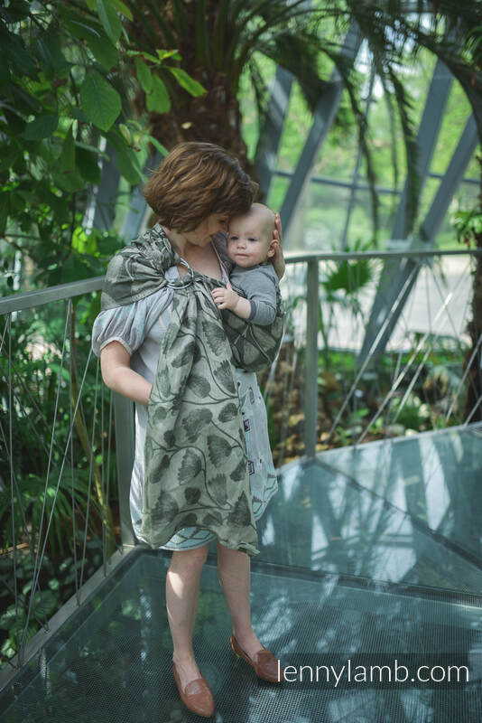 Żakardowa chusta kółkowa do noszenia dzieci, 100% len, ramię bez zakładek - VIRIDIFLORA - KHAKI - standard 1.8m #babywearing