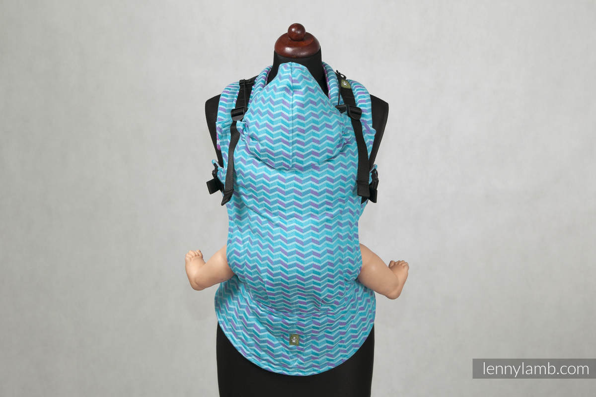 Ergonomic Carrier, Baby Size, jacquard weave 100% cotton - ZigZag Turquoise & Pink - Second Generation. #babywearing
