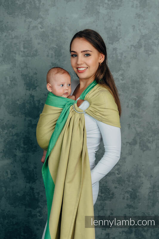 Moja pierwsza chusta kółkowa do noszenia dzieci, tkana splotem skośno-krzyżowym, 100% bawełniana, ramię bez zakładek - LEMONGRASS - standard 1.8m #babywearing