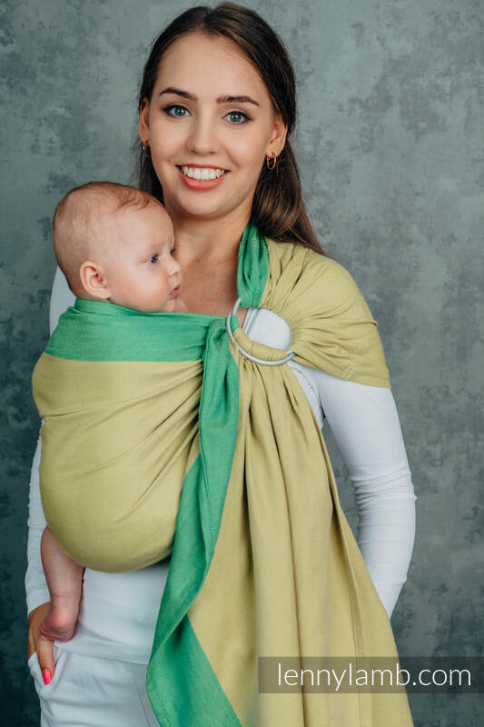 Moja pierwsza chusta kółkowa do noszenia dzieci, tkana splotem skośno-krzyżowym, 100% bawełniana, ramię bez zakładek - LEMONGRASS - standard 1.8m (drugi gatunek) #babywearing