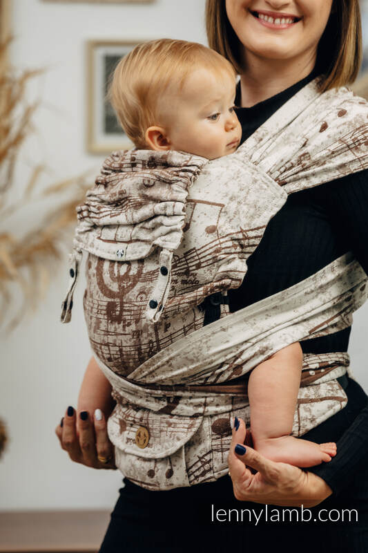 LennyHybrid Half Buckle Tragehilfe, Größe Standard, Jacquardwebung, 100% Baumwolle - SYMPHONY CREAM  & BROWN #babywearing