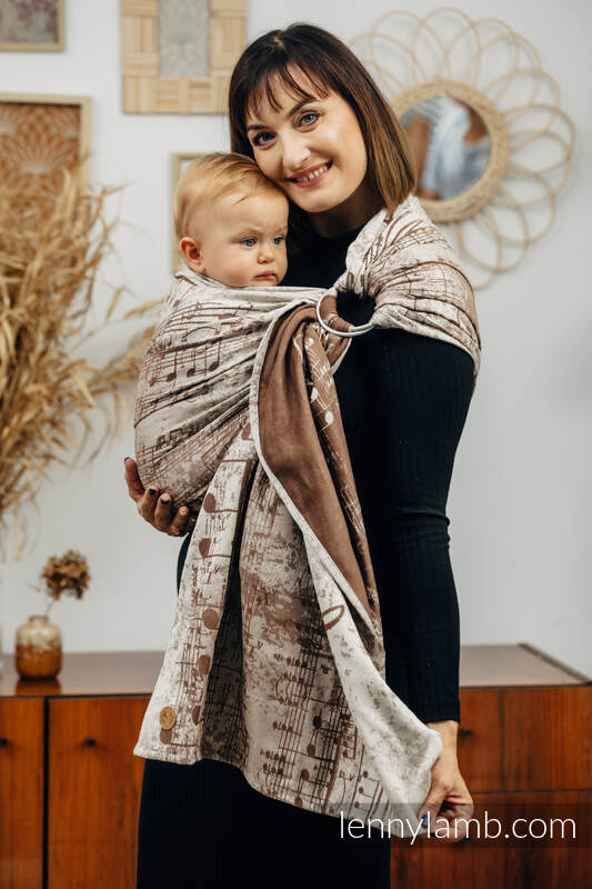 Żakardowa chusta kółkowa do noszenia dzieci, (100% bawełna), ramię bez zakładek - SYMFONIA KREM Z BRĄZEM - standard 1.8m #babywearing