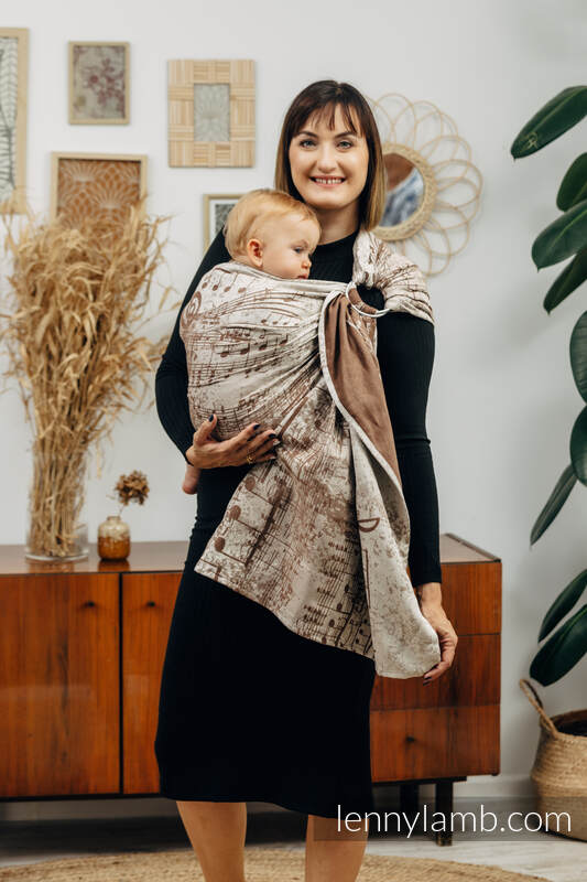 Żakardowa chusta kółkowa do noszenia dzieci, (100% bawełna), ramię bez zakładek - SYMFONIA KREM Z BRĄZEM - standard 1.8m #babywearing