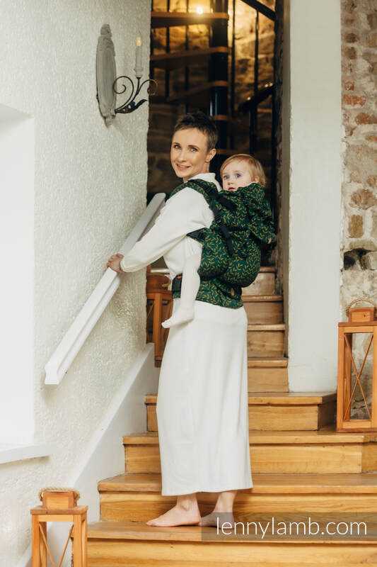 Nosidełko LennyPreschool  z tkaniny żakardowej (75% bawełna, 21% wełna merino, 4% kaszmir), rozmiar preschool - ZACZAROWANY ZAKĄTEK - GOLDEN MOSS #babywearing