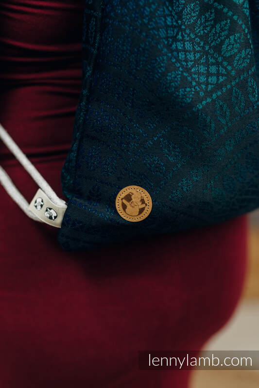 Mochila portaobjetos hecha de tejido de fular (100% algodón) - PEACOCK'S TAIL - QUANTUM - talla estándar 32cmx43cm #babywearing