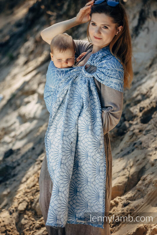 Żakardowa chusta kółkowa do noszenia dzieci, 100% len, ramię bez zakładek - LOTOS - NIEBIESKI - standard 1.8m #babywearing