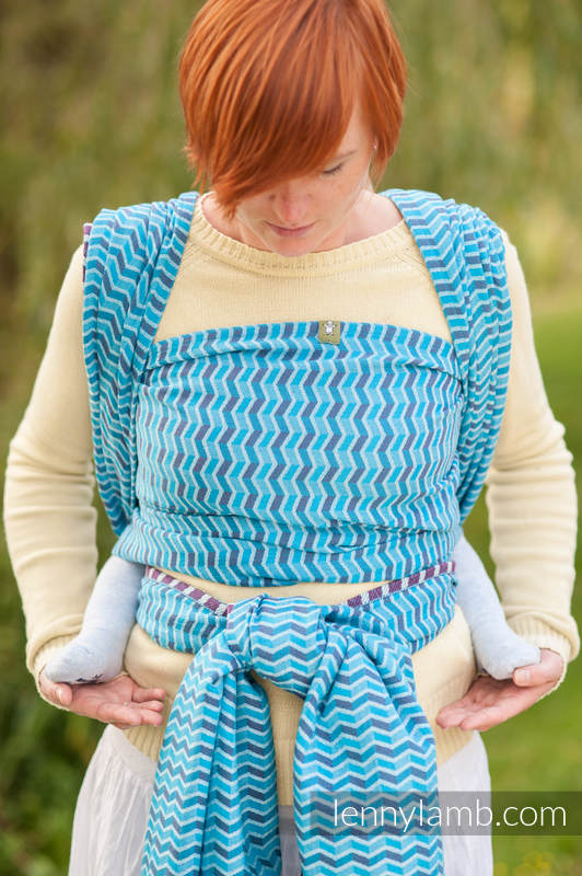 Żakardowa chusta do noszenia dzieci, 100% bawełna - ZIGZAG TURKUS Z PURPURĄ - rozmiar XS #babywearing