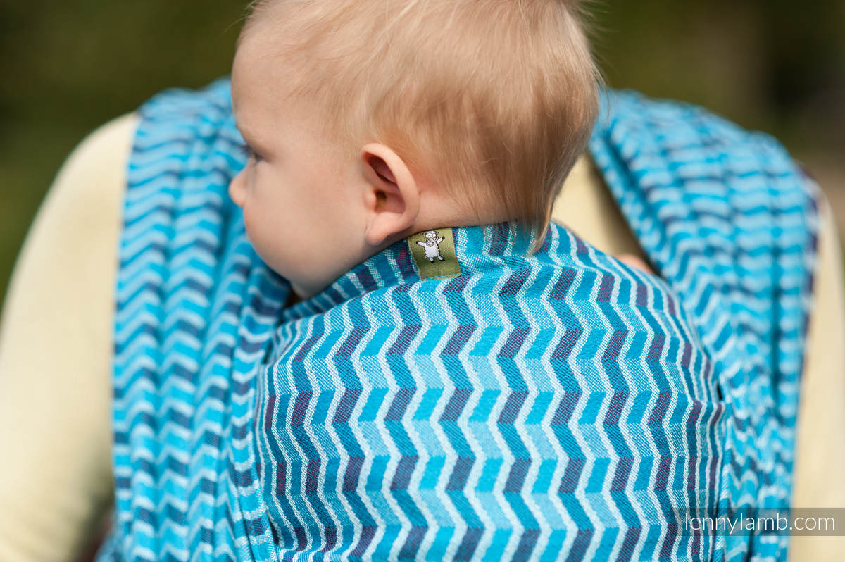 Żakardowa chusta do noszenia dzieci, 100% bawełna -ZIGZAG TURKUS Z PURPURĄ - rozmiar M #babywearing