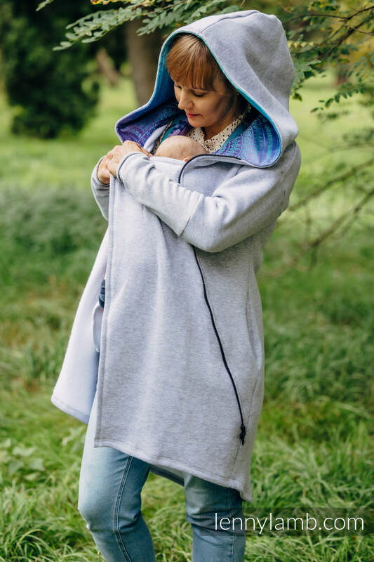 Asymmetrical Hoodie - Grey Melange with Peacock's Tail Fantasy - size M #babywearing