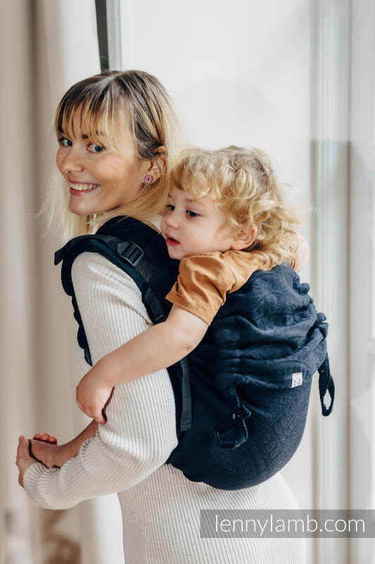 Lenny Buckle Onbuhimo baby carrier, Preschool size, jacquard weave (59% cotton, 41% Merino wool) - PEACOCK'S TAIL - PITCH BLACK (grade B) #babywearing