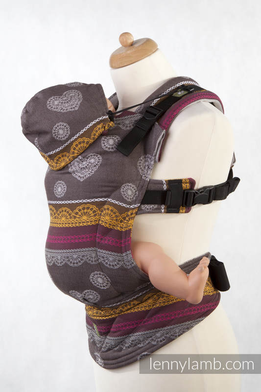 Ergonomic Carrier, Baby Size, jacquard weave 100% cotton - COFFEE LACE, Second Generation, Reverse #babywearing