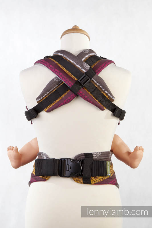 Ergonomic Carrier, Baby Size, jacquard weave 100% cotton - COFFEE LACE, Second Generation, Reverse #babywearing