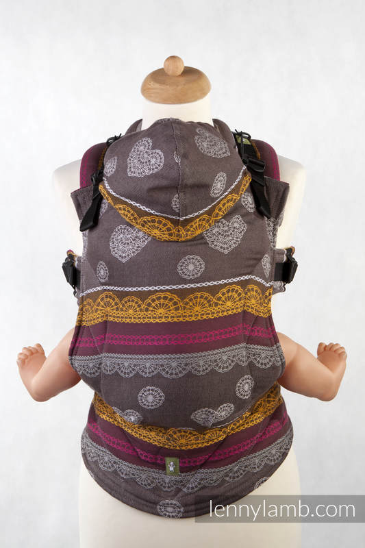 Ergonomic Carrier, Baby Size, jacquard weave 100% cotton - COFFEE LACE, Second Generation, Reverse #babywearing
