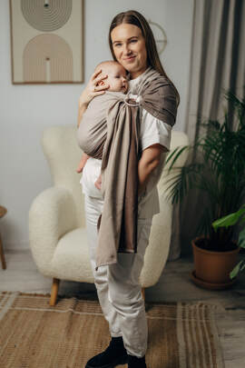My First Ring Sling, Herringbone Weave (100% cotton) - with gathered shoulder - LITTLE HERRINGBONE BABY CAFFE LATTE - standard 1.8m (grade B)