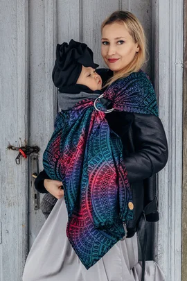 RingSling, Jacquardwebung (60% Baumwolle,28% Merinowolle, 8% Seide, 4% Kaschmir), Raffung an den Ringen - PEACOCK'S TAIL - BLACK OPAL - standard 1.8m