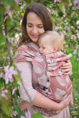 LennyHybrid Half Buckle Carrier, Standard Size, jacquard weave 100% linen - VIRIDIFLORA - CORAL PINK 